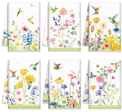 Oudain Set mit 6 Frühlingsküchentüchern, Dekoration, Blumen, Wildblumen, Kolibri, Zweige, Geschirrtücher für Frühling, Party, Urlaub, Badezimmer, Einweihungsgeschenk