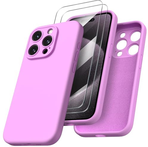 ORNARTO Cover per iPhone 15 Pro Silicone 6.1 Pollici, con 2 Pellicola Vetro Temperato, Morbido Silicone Liquido Protezione, Antiurto Ultra-Sottile Protezione Custodia iPhone 15 Pro-Rosa Sakura