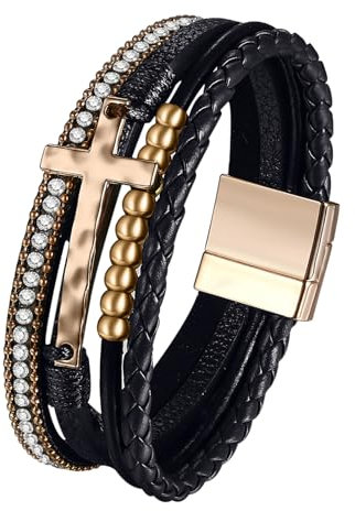 JewelryWe Kreuz Lederarmband Damen Wickelarmband: Schwarz Vintage Boho Kreuz Strass Kugel Perlen Mehrreihig Leder Geflochten Armband Armreif mit Magnetverschluss