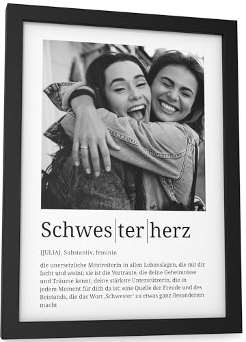 Papierschmiede® Personalisierte Geschenke Schwesterherz, Definition mit Foto DIN A5 (15x21 cm) Rahmen wählbar fertig gerahmt, Persönliches Bild als Geschenk an Schwester zu Weihnachten, Geburtstag