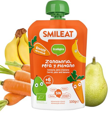 Smileat - Pouch de Frutas Ecológicas - Sin Sal ni Azúcar Añadido, Sin Gluten - Snack Práctico para Peques - Sabor a Zanahoria, Pera y Plátano