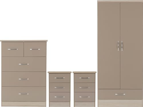 Seconique Nevada 2 Door 1 Drawer Wardrobe Bedroom Set in Oyster Gloss/Light Oak Effect Veneer