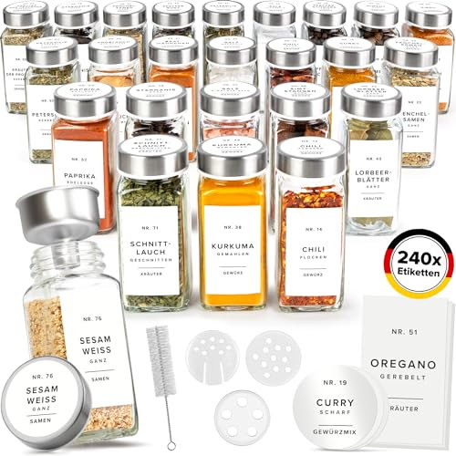 EDELHAUS Gewürzgläser Eckig 120ml (24 Stück) Gewürzdosen mit 240 Gewürzetiketten, 24 Gewürzstreuer/Streueinsatz, Stahltrichter, Gewürz Organizer (Weiße - Etiketten)