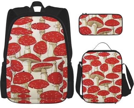 KoNsev Fishing Lake Fishermens - Mochilas con fiambrera, estuche para lápices, mochila para laptop universitaria, mochila de 15 pulgadas, Champiñón rojo y blanco, Talla única