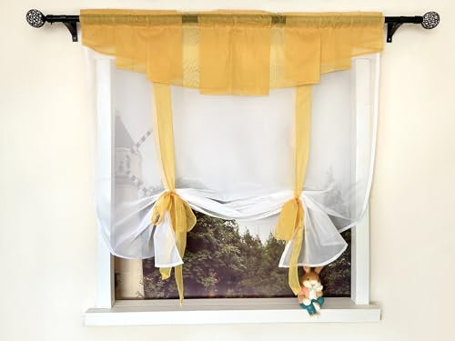 Devola Kleinfenster Raffrollo Kuvert Gardinen Voile Raffgardinen Bändchenrollo mit Stangendurchzug Küchenvorhang Transparent Modern Fertiggardinen Wohnzimmer HxB 155x120cm Gelb 1 Stück