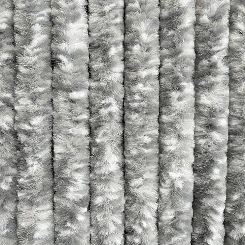 EXPLORER® Flauschvorhang 90x200 cm Wohnwagen Türvorhang für Wohnmobil/Balkontür Vorhang aus Chenille als Insektenvorhang Flausch Fliegenvorhang Camping Terrassen Tür Fliegenschutz Silber-Weiß meliert