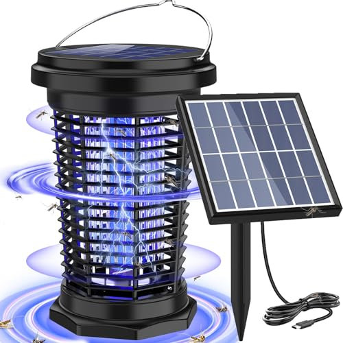 PALONE Lampara Antimosquitos Solar 2500mah/4500v, Antimosquitos Electrico Recargable por USB y Cable De 1 M, con Barra de Soporte Solar de 5,5 W/5 V Y Cable de Carga C para Interior y Exterior