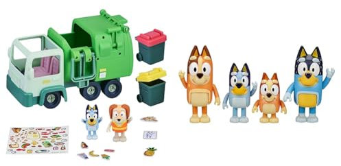 Bluey Blueys Müllwagen-Spielset mit beweglichen Figuren (6,3 cm) and Family: Bingo, Bandit and Chilli 4 Figure Pack Articulated Character Action Figures 2.5 inches Official Collectable Toy