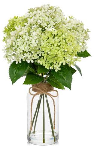 Briful Hydrangea Artificial Flowers in Glass Vase, 13.8 Artificial Hydrangea with Faux Water Green Artificial Flowers for Decoration, Faux Hydrangea with Vase for Centerpieces Home Decor