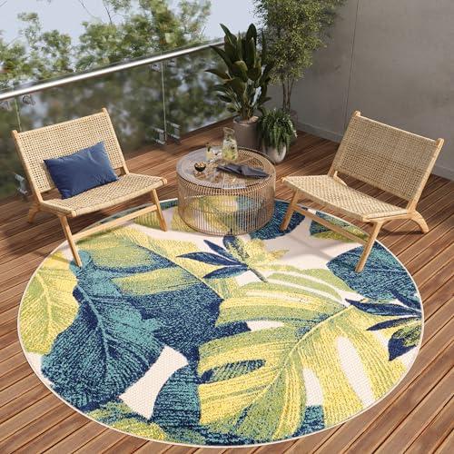 TAPISO Patio Rund Teppich Outdoor Indoor Blau Grün Creme Blätter Flachgewebe Wetterfest UV-Beständig Sisal Wohnzimmer Terrasse Balkon ÖKO-TEX 120 x 120 cm