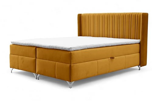 FURNISTAR Boxspringbett Maddie mit Bettkasten Bett mit Topper und Bonellmatratze Polsterbett Familienbett Schlafzimmer Bett mit Stauraum (Gelb, 180x200)