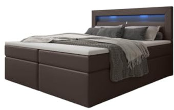 Boxspringbett Repos 160x200 Doppelbett Polsterbett Bett mit LED-Beleuchtung und USB-Anschluss | Bezug: Kunstleder | Farbe: Braun | Härtegrad: H3 (70-100kg)