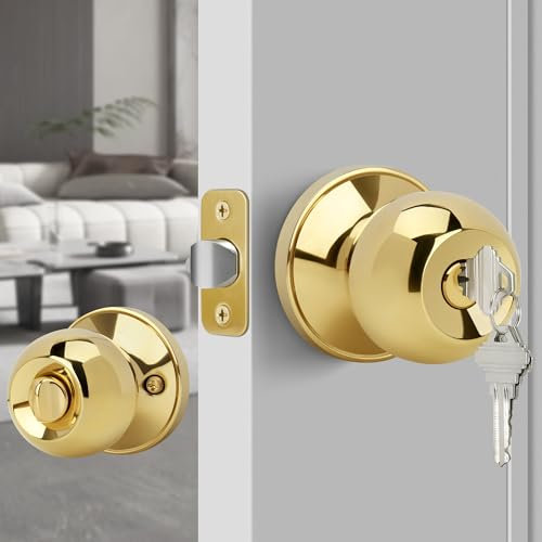 Gaurqiah Keyed Entry Door Knob, Ball Design Doorknob for Interior Exterior, Reversible Round Door Lock for Front Entrance Doors, Polished Brass
