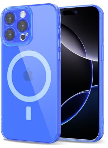 Svanove per iPhone 16 Pro Max Cover Compatibile con MagSafe, Trasparente Magnetica Protezione della fotocamera Custodia, Sottile Silicone Antiurto Anti-Graffio Custodia Case, Bleu Fluo