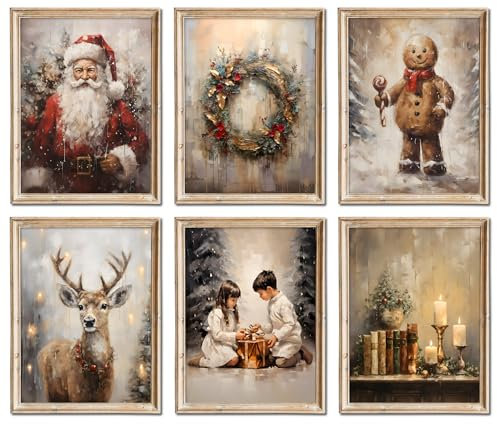 Weihnachts-Wandkunst-Set, 6 Stück, Weihnachtsbilder, Wanddekoration, Winter, Vintage, Ferien, Galerie, Druck, Weihnachtsmann, Kerzen, Lebkuchenmann, Hirsch, Leinwand, Weihnachtsmann, Ölgemälde,