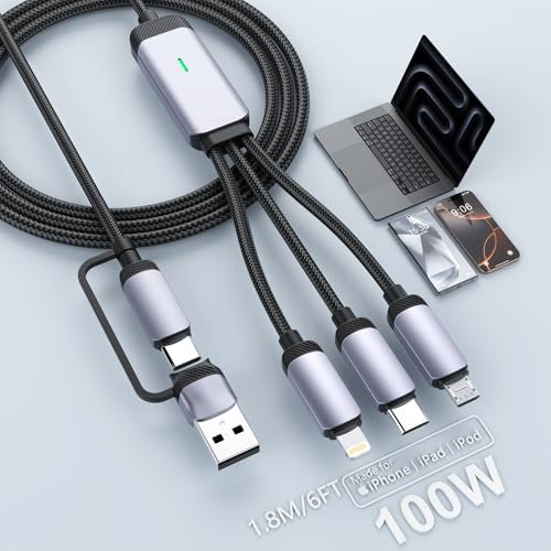 100W USB C Multi Fast Charging Cable 6FT, 5 in 1 Multiple USB Cable Nylon Braided with Micro USB Type C Lightning Connector for iPhone, Multi Charger Cable Compatible with iPhone 16 15 14 13, Samsung