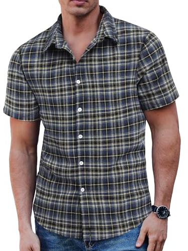 COOFANDY Chemise à carreaux à manches courtes pour homme - Chemise de loisirs - Coupe droite