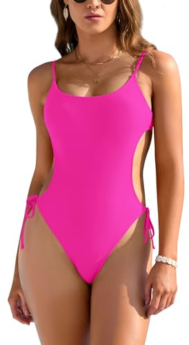 SHEKINI One Piece Swimsuit for Women Sexy High Cut Bathing Suit Scoop Neck Ties Vintage Adjustable Padded Backless Monokini Beach Swimwear Summer