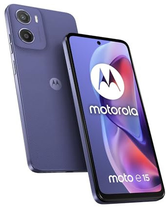 Moto E15 64 Go, Smartphone debloqué, écran 6,67, Batterie 5200 mAh, Lavande, Coque de Protection et câble USB C Inclus