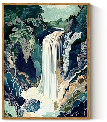 ARPEOTCY Gerahmte Wandkunst, japanischer Wasserfall-Wandkunst, Retro-Landschaft, Leinwandbild, traditionelles Kunstwerk für Wohnzimmer, Schlafzimmer, Büro, Heimdekoration, ästhetisch (30 x 40 cm)