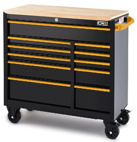 JCB Classic Design 42’’ Roller Tool Cabinet, 11 Drawers, Steel with Hardwood Worktop