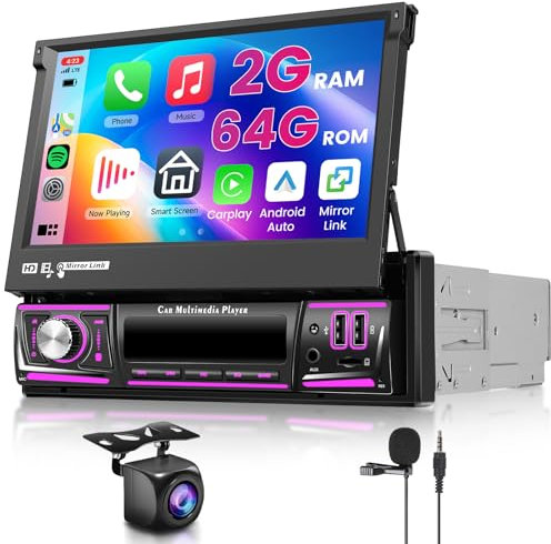 Hodozzy 2G+64G Android 15 1 DIN Écran Rétractable Autoradio, 7 Pouces Écran Tactile Radio avec CarPlay sans Fil Android Auto, GPS Autoradio avec WiFi, Bluetooth, FM/RDS, DSP, Écran Partagé, 2 USB