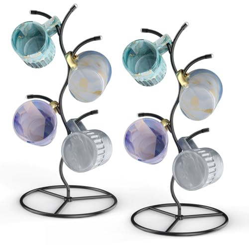 Beesini 2 Pack Metal Mug Holder, 4 Hooks Coffee Mug Holders Tree, Decorative Mug Racks for Counter, Non-Slip Coffee Mug Cup Tree,Black