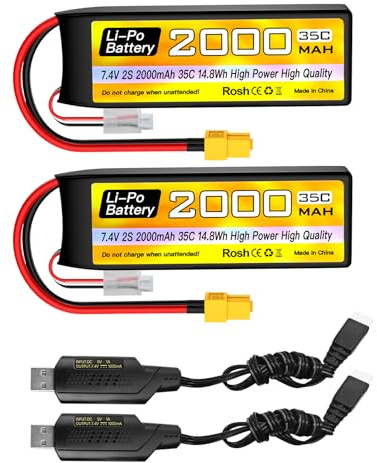 ZYGY 2PCS 2S Lipo Batterie 7.4V 2000mAh 35C avec fiche XT60 avec câble de Charge USB pour RC Voiture Camion Bateau Quadcopter FPV Batterie de Drone