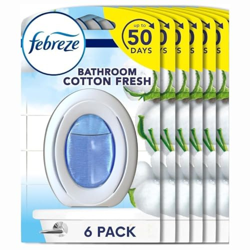 Febreze Bathroom Air Freshener Cotton Fresh 7.5ml x 6 - Odour Eliminator - Continuous Freshness Up to 50 Days with Welari Thank You Card | (6 Pack)