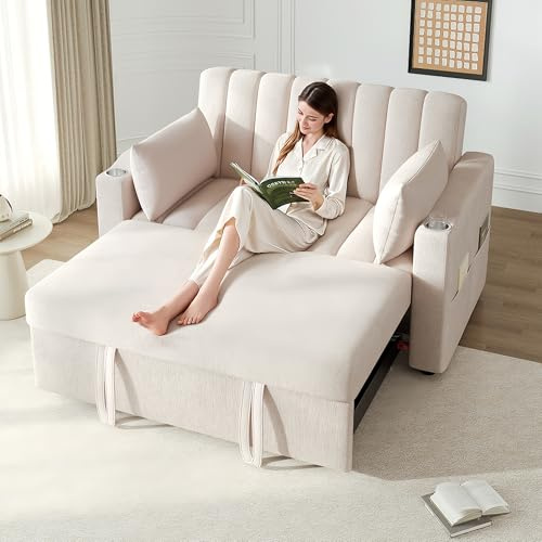 Multifunktions-Schlafsofa 2-Sitzer, Ausziehbare Schlafcouch mit verstellbarer Rückenlehne 108°–180°, Getränkehalter & Kissen, Stoffsofa Beige für Wohnzimmer, Schlafzimmer, Wohnung (Beige-b, 2 Seat)