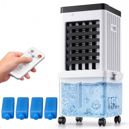 3-in-1 Evaporative Air Cooler with Remote Control, 15L Water Tank, Evaporative Cooling Fan with 3 Speeds, 3 Wind Modes, 7.5H Timer & 120° Oscillation, Portable Room Cooler