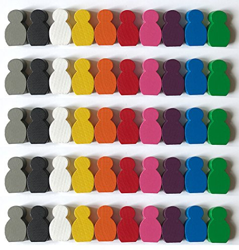Spieltz 052641: Große beklebbare Spielfiguren aus Holz für Brettspiele, Größe 21x34x8 mm, 10 (weiß, gelb, orange, rot, blau, grün, pink, lila, grau, schwarz). Großpackung 50 Stück.