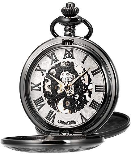 ManChDa Unisex Taschenuhr mit Kette Analog Handaufzug Antik Skelett Menchanisch Handaufzug Taschenuhr Schwarz
