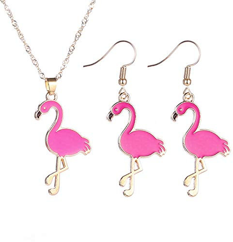 PPX 3 Pièces Parure de Bijoux avec Collier à Pendentif et Boucles d’oreilles en Forme de Flamant (Rose rouge)