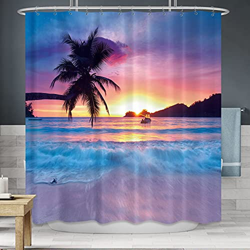 Riyidecor WW-IHTB Rideau de Douche Motif Plage Coucher de Soleil océan Lever de Soleil Tropical Palmier hawaïen Paysage côtier Vagues de la mer d'été Salle de Bain Ensemble de décoration d'intérieur