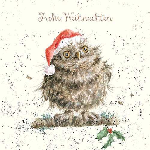 Wrendale Doppelkarte Weihnachten mit Umschlag, Frohe Weihnachten, Motiv Eule auf Ast,15x15 cm