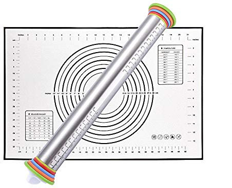 Rouleau à pâtisserie et tapis de pâtisserie en silicone Set Rouleau de pâte en acier inoxydable avec anneaux d'épaisseur réglables pour la cuisson