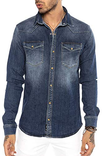RED BRIDGE Camicia a Jeans da Uomo Stile Casual Denim Cotone Blu Scuro S