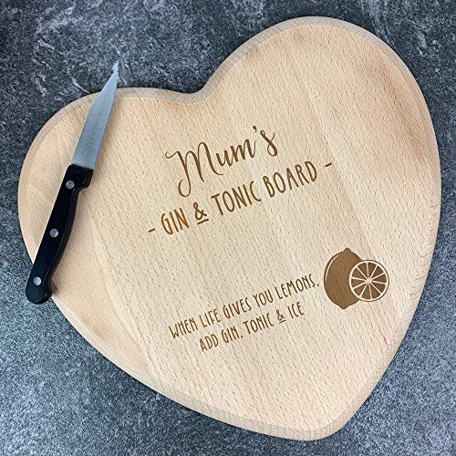 eBuyGB Personalised Wooden Gin & Tonic Heart Shaped Chopping Board Gift, Beech Wood Serving Board, Laser Engraved Chopping Block