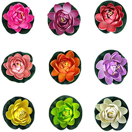 minkissy 9 stücke 11 cm Simulation Schwimmende Seerose Kunststoff Lotus Blumenteich Aquarium Decor Ornamente (Rosa + Lila + Gelb + Sonnenuntergang Rot + Grün + Weiß + Rot + Rosig + Pastellrosa)