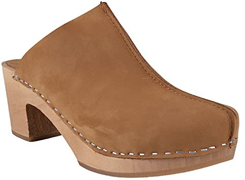 Vollsjö Damen Clogs Aus Holz Und Leder Hausschuhe Schwarz Holzschuhe Clogs Für Frauen, Modisch Und Gemütlich Freizeitschuhe, Heimschuhe, Hergestellt In Der EU, 36, Hellbraun