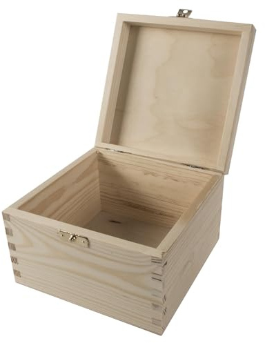 WooDeeDoo Square Wooden Box with Hinged Lid and Clasp – 16 x 16 x 10.5 cm – Pine Keepsake Gift Storage Chest for Crafts Jewellery Trinkets Decoration Unfinished Untreated