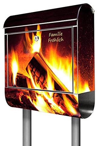 banjado® Briefkasten mit Standfuß personalisiert Motiv Kaminfeuer - Stand Briefkasten Edelstahl mit Zeitungsfach - Postbox/Postkasten A4 Einwurf inkl. Montagematerial & 2 Schlüssel