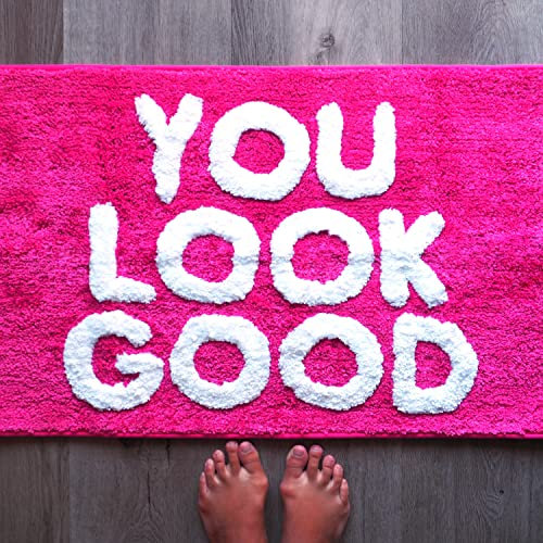 You Look Good Tapis de bain rose vif rose pâle mignon tapis de salle de bain pour filles Hello Gorgeous Peach Coral Beau drôle douche amusant décoration de salle de bain antidérapant lavable enfants