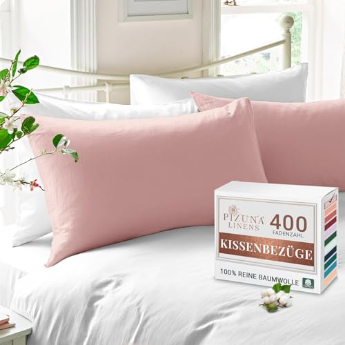 Pizuna 2er Pack Kissenbezug 40x80 cm Baumwolle Hellrosa 400 Fadenzahl | Luxuriöser Soft-Satin 2er Pack Kissenbezüge, 100% Langstapel Baumwolle Nur Kissenbezug (Licht Rosa,40x80 cm) Mako Satin