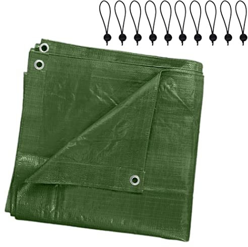 2 x 2 m Tarpaulin Waterproof Heavy Duty Cover Camping Ground Sheet Caravan Furniture Multipurpose + 10 Bungee Balls (Green – 90 GSM)