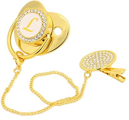 Goldener Baby-Schnuller, Personalisiertes Gebogenes Design, 26 Buchstaben, Sichere Materialien, Gesunder Bling-Baby-Schnuller, Neugeborenen-Essentials mit Clips für 6 Bis 18 Monate Baby(L)