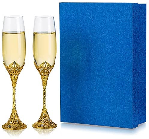 Gold Champagne Flutes Set of 2 - Champagne Glasses Gift Set Creative Metal Base with Crystals Inweder Prosecco Glasses Personalised Wedding Glasses Engagement Wedding Gifts for Bride Groom Anniversary