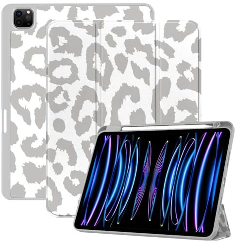Deokke Kompatibel mit iPad Pro 12.9 Zoll Hülle, 6., 5., 4., 3. Generation (2022/2021/2020/2018), automatische Sleep/Wake-Abdeckung mit iPad 2. Bleistift-Ladegerät, grauer Leopard Gepardenmuster N
