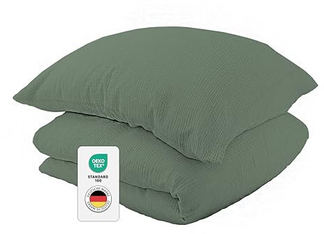 jilda-tex Bio-Bettwäsche Musselin Medina 100% Bio-Baumwolle Knitterlook Bügelfrei Uni Made in Green (Grün, 200x220 + 2X 80x80 cm)